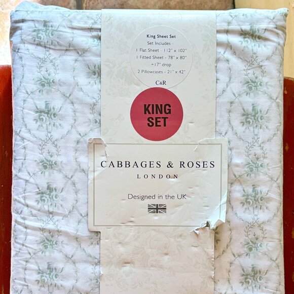 Cabbages & Roses KING Size Sheet Set JULIA SAGE Crisp Cotton Percale - Picture 1 of 6